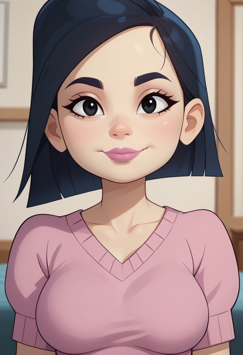 ((bedroom background)),score_9, score_8_up, score_7_up,score_6_up, 
1girl, solo, Mayumi_GT, pale skin, dark blue eyebrows, black eyes, dark blue hair, Short hair, pink lips, pink short-sleeved sweater, white high waisted pants, green bracelet, brown platform heels, social smile, big eyes, sexy face, close-up, face photo, perfect eyes, perfect smile, looking at the viewer, big breasts