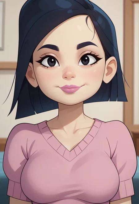 ((bedroom background)),score_9, score_8_up, score_7_up,score_6_up,
1girl, solo, Mayumi_GT, pale skin, dark blue eyebrows, black eyes, dark blue hair, Short hair, pink lips, pink short-sleeved sweater, white high waisted pants, green bracelet, brown platform heels, social smile, big eyes, sexy face, close-up, face photo, perfect eyes, perfect smile, looking at the viewer, big breasts