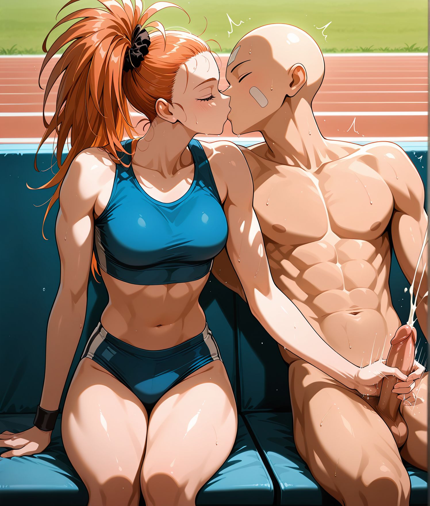 <lora:add-detail-xl:0.5>,,masterpiece,best quality,anime coloring,anime screenshot,
<lora:female_athlete:1>female_athleteV1,
1girl, 1boy, breasts,cuddling handjob, sitting, penis, 
projectile cum,seat, hand on shoukders,kiss, 
sports crop top, track briefs,midriff, steam, 
clothed female nude male,track and field,
outdoors, 
motion lines, motion blur, 
saitama \(one-punch man\), 
<lora:CaptainMizuki(Manga)_ILXL_v1:0.8> captain mizuki,  bandaid on face, muscular female, toned, long hair, ponytail, forehead, hair scrunchie, 
blue  sports bra, blue track briefs,   midriff, navel, linea alba, buruma,