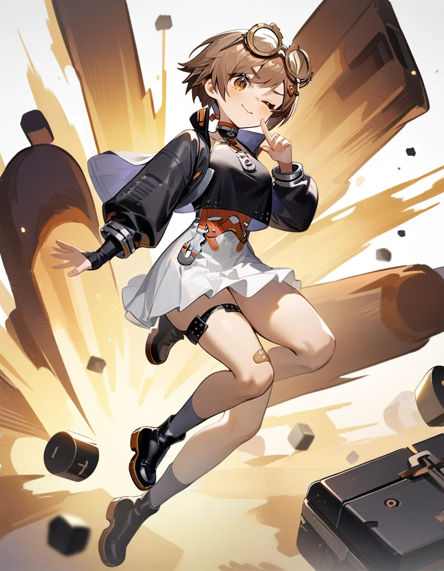 masterpiece,best quality,very aesthetic,absurdres,
<lora:qianqiu_xl:0.8>,felllowmoon-qianqiu,1girl,solo,(fellowmoon-qianqiu3:1.2),skirt,one eye closed,white skirt,brown hair,black jacket,brown eyes,eyewear on head,boots,short hair,choker,socks,black footwear,goggles on head,goggles,full body,bandaid,