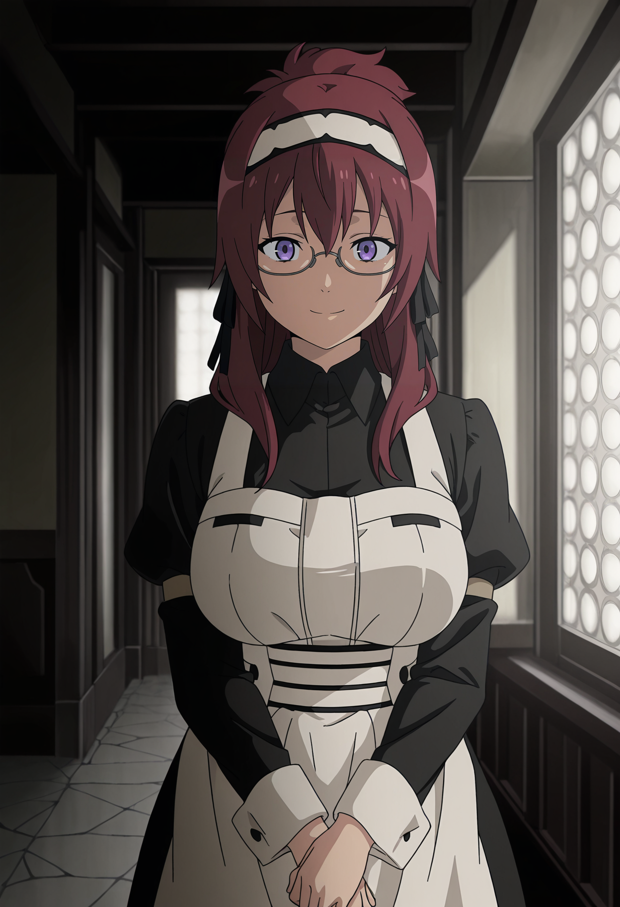 1girl,solo,mm,mature female,red hair,purple eyes,long hair,glasses,anime coloring,
hairband,maid,apron,cowboy shot, own hands together, looking at viewer, smile,indoors
,masterpiece,best quality,amazing quality,<lora:Lilya_Greyrat-Mushoku_Tensei_ix:0.8>