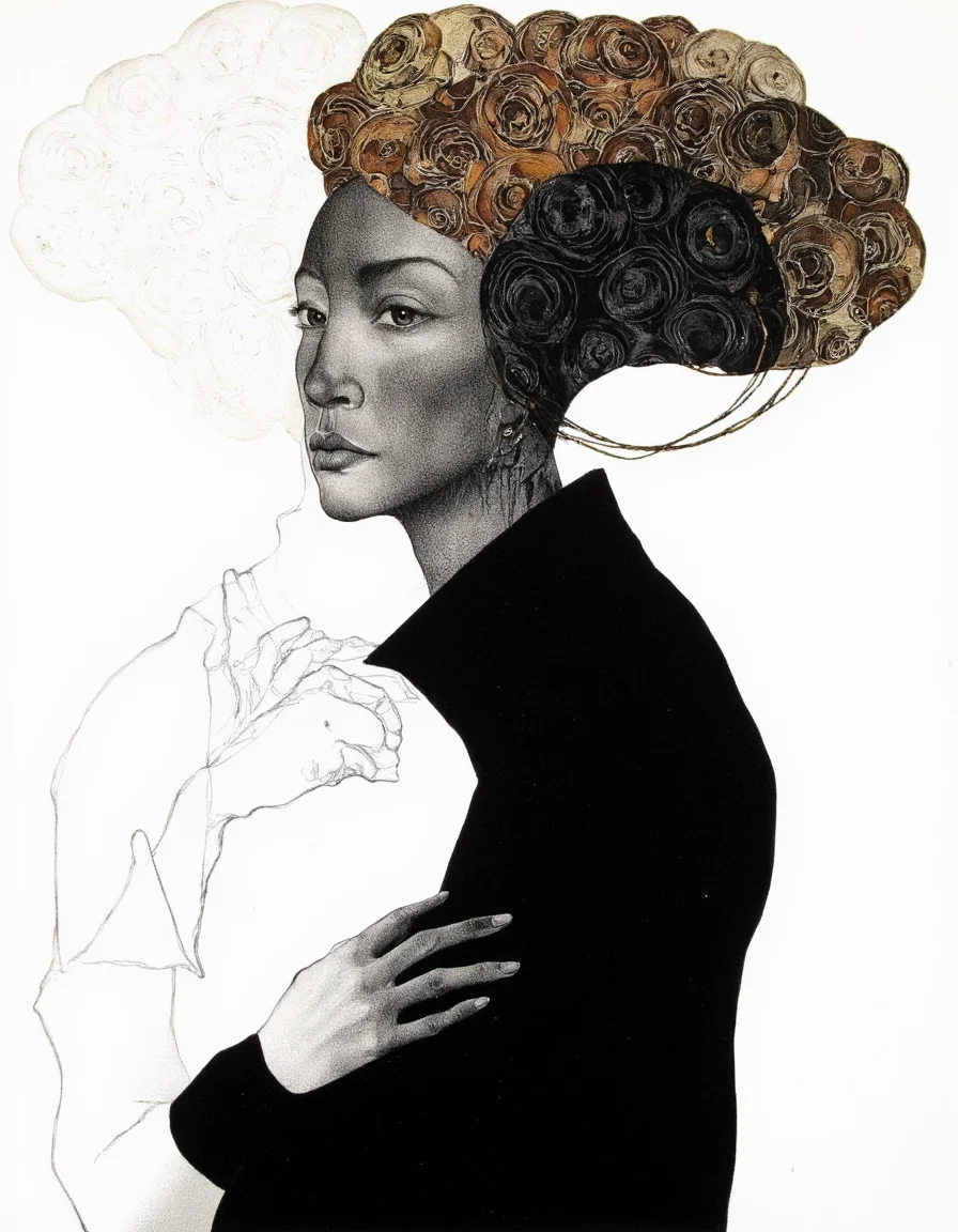 Art by Marina Richterova. A black and white, monochrome digital illustration from a profile camera angle about a stylized silhouette of a woman with an elaborate, curly head made up of intricate, floral patterns. the woman is positioned in the middle of the image, facing the viewer with her eyes looking directly at the viewer. her hair is styled in an afro, with strands of hair framing her face and cascading down her back. she is wearing a black dress with a high collar and long sleeves, and her hands are clasped together in front of her chest. the background is plain white, and the image has a minimalist, abstract style with a focus on the intricate patterns and textures of the woman's head and body.