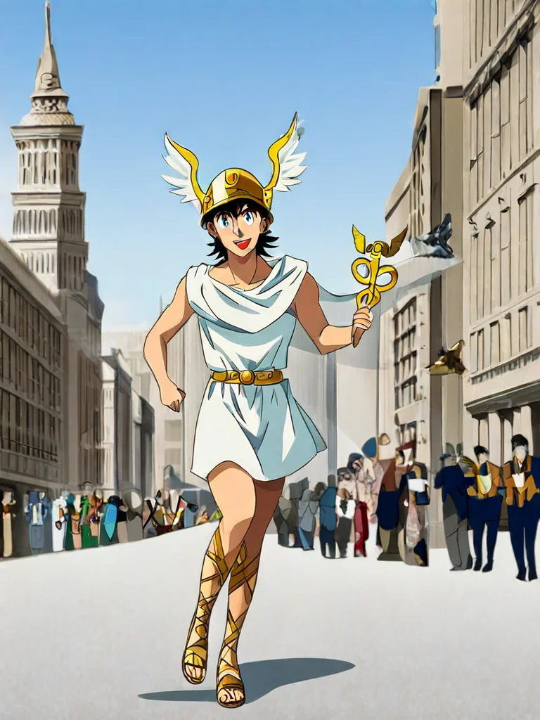 award winning photo of hermes running, a man with ,gold roman hermes sandals, is holding a caduceus and wear a winged helmet, <lora:Mercury:0.7>caduceus, helmet, sandals, petasos, headgear <lora:Mezzotint_Artstyle_for_Flux_-_by_Ethanar:0.5> <lora:CPA:0.6>anime style <lora:RetroAnimeFluxV1:0.6>background a busy new york street, anime style