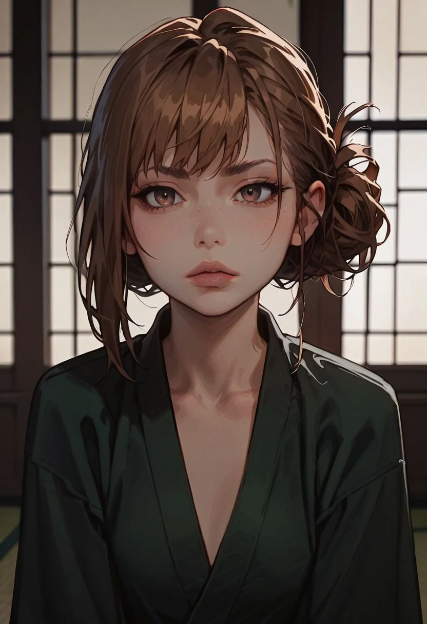 score_9, score_8_up, score_7_up,((green colour kimono dress:1.2)),18yo,hair pin,single side bun,folded ponytail,bangs, light freckles,green colour silk wraps, emotionless face, small breasts, thick thighs, on her knees, kneeling,knee open wider,looking at viewer, dark theme, low light, in a dojo,detailed interior dojo:1.2,Expressiveh,g0thicPXL,japanese garden through the window,japanese garden,opened windows,tatto on breast mound,green kimono
face focus,straight-on,close up,half body shot,photorealistic,moody lighting,professional lighting, high quality,concept art,warm tone,slender
aisaka taiga, 1girl, solo,brown hair,flat chest ,detailed eyes