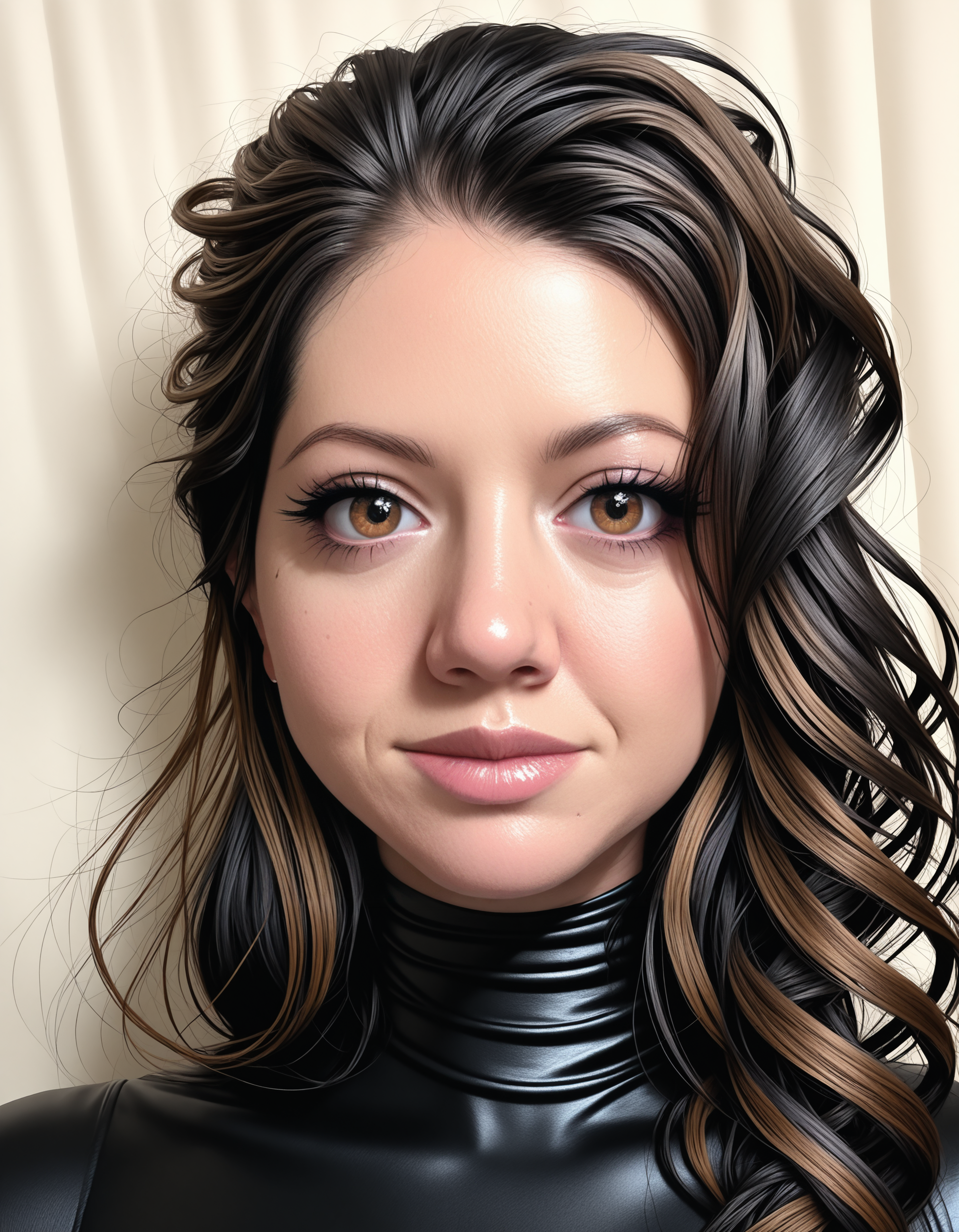 high contrast,masterpiece,best quality,amazing quality,very aesthetic,high resolution,ultra-detailed,absurdres,detailed eyes,
1girl,Irina,woman,mature female,looking at viewer,closed mouth,large iris,brown eyes,black hair,long hair,
portrait,detailed,bodysuit,soft freckles,luminous lips,swirling,floating_hair,long_hair,looking_at_viewer,intense_eyes,radiant_eyes,sparkling_eyes,captivating,
explicit,<lora:Irina_Illustrious>,<lora:reij-rt:0.6>,
