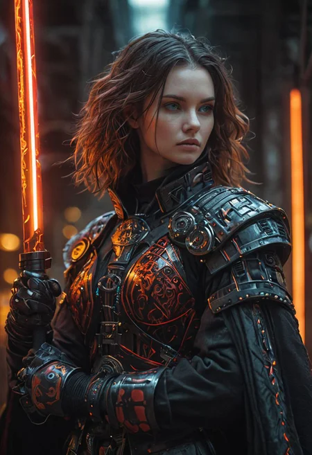 bdsm, collar cyberpunk Samurai jacket, (female, red pink slim skin:1.4), Large linen cape, (nice face, very angry:1.9), (bdsm harness, tight huge massive firm breasts:1.75), surrounded by a detailed spacescape with translucent dark-amber Highlights, (red neon, emissive), (yellow particules, hyper-detailed,:1.4) sharp, high resolution, high quality, 32K, Ultra realistic, HD, super detailed, line art, abstract style, (full body, shinny, wavy hair:1.5), (star wars inquisitor:1.65), (circle hard powerful red white orange fire neon light saber:1.8), (well formed five fingers hands on light saber:1.7), (cyan emissive iris eyes:1.6)