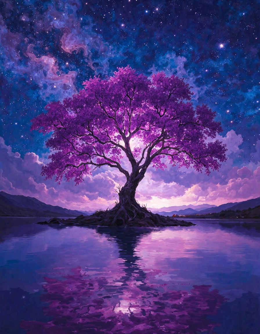 A beautiful tree of life with a purple and blue galaxy sky in the background, reflected on the water at night.