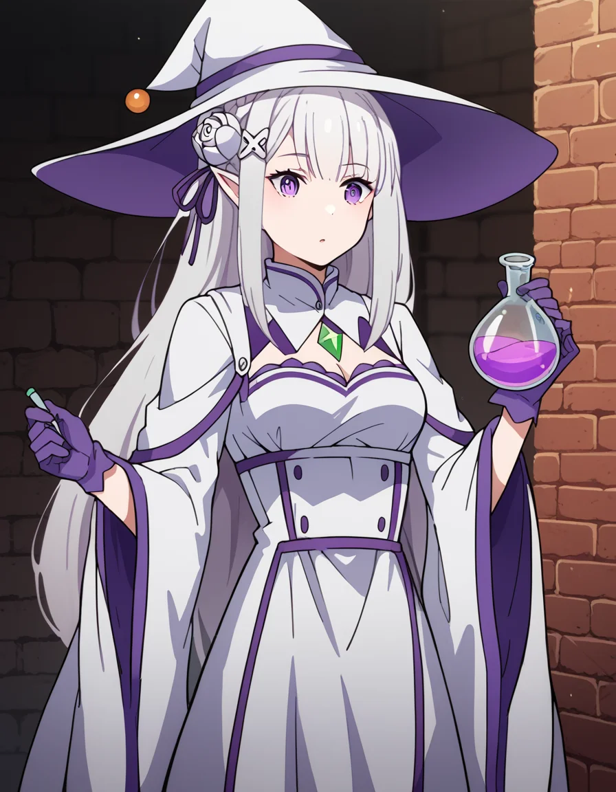 score_9, score_8_up, score_7_up, source_anime, <lora:rezero-emilia-s1s2-ponyxl-lora-nochekaiser:1>, emilia, braid, crown braid, flower, hair flower, hair ornament, hair ribbon, long hair, pointy ears, purple eyes, white hair, x hair ornament, medium breasts,, <lora:wizard-ponyxl-lora-nochekaiser:1>, wizard, wizard hat, robe, dress, long sleeves, gloves,, indoors, bricks, potion, flask, vial,, cowboy shot,