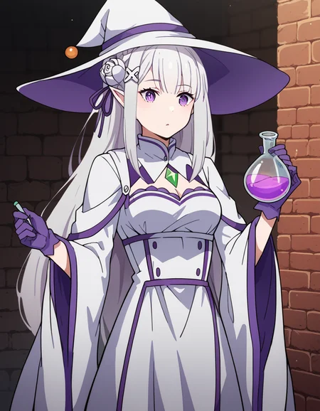 score_9, score_8_up, score_7_up, source_anime, <lora:rezero-emilia-s1s2-ponyxl-lora-nochekaiser:1>, emilia, braid, crown braid, flower, hair flower, hair ornament, hair ribbon, long hair, pointy ears, purple eyes, white hair, x hair ornament, medium breasts,, <lora:wizard-ponyxl-lora-nochekaiser:1>, wizard, wizard hat, robe, dress, long sleeves, gloves,, indoors, bricks, potion, flask, vial,, cowboy shot,