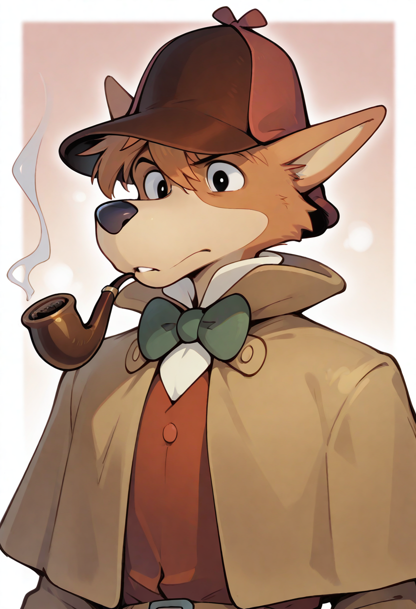 best quality, amazing quality, very aesthetic, absurdres, newest, sherlock hound, furry, furry male, male focus, 1boy, solo, black eyes, hat, smoking pipe, bowtie, upper body, <lora:Sherlock_Hound_Meitantei_Holmes_Illustrious:1>