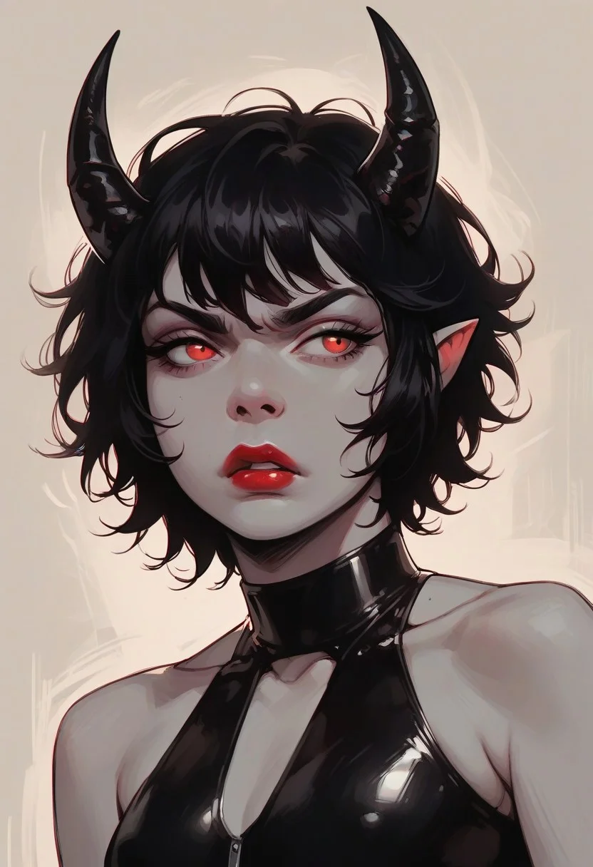 score_9, score_8_up, score_7_up, score_6_up, aesthetic , demon, black horns, in public, teasing expression, nipple peek, big eyes, solo, dutch angle, g0thicPXL, (big lips:0.6), close up, small breasts, lipstick, choppy hair, short hair, annoyed, looking to side, halter top, latex