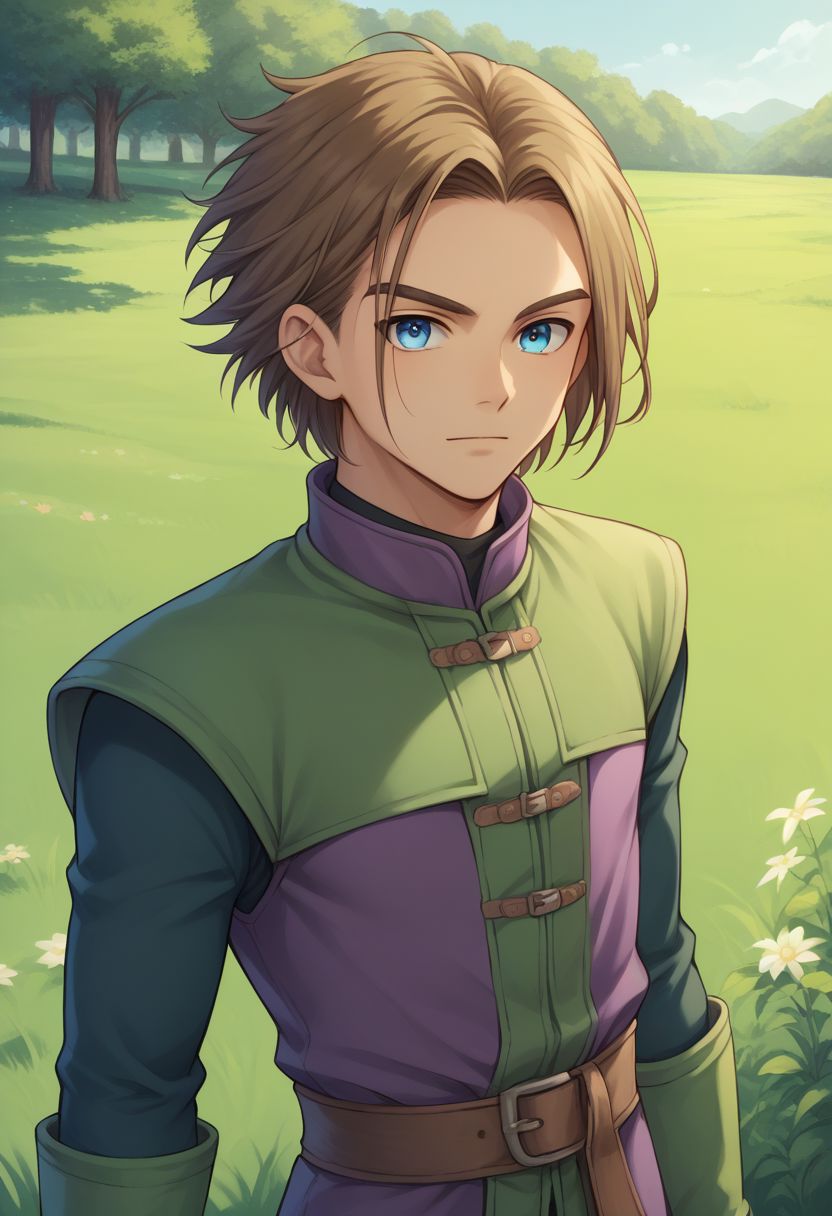 score_9, score_8_up, score_7_up, source_anime, highly detailed, 1boy, solo, male_focus, half body,
hero, solo, 1boy, male focus, brown hair, blue eyes, green boots, purple clothes, long hairs,
outdoor, grass, tree,