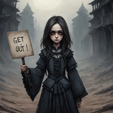 (((Ultra detailed, Megapixel)))
1girl, (((holding out a sign with text "GET*OUT"))), by charlie bowater and dan mumford and trevor Brown, hands, terror, gloomy, dark, blank face, no face, wasteland background, no mouth, no eyes, long hair