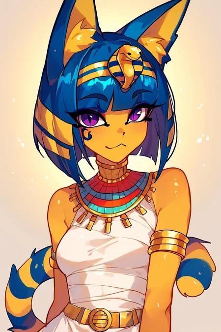score_9, score_8_up, score_8, medium breasts, (curvy), cute, eyelashes,       BREAK, , BREAK, zzEgyptian, animal crossing, animal ears, zzAnkha, armlet, backlighting, bare shoulders, belt, blonde hair, blue hair, blunt bangs, blunt ends, bob cut, cat ears, cat girl, cat tail, closed mouth, cropped, daniel deng, dark skin, dress, eye of horus, eyelashes, eyes visible through hair, facial tattoo, humanization, purple eyes, shiny skin, short hair, slit pupils, tattoo, usekh collar, white dress , <lora:Egyptian_PDXL:0.8>,, <lora:Style55_PDXL:0.8>, , BREAK,  smile, looking at viewer, cowboy shot,  embedding:zPDXL, Expressiveh, <lora:SDXLFaeTastic2400:0.5>,  <lora:Expressive_H-000001:0.4>,