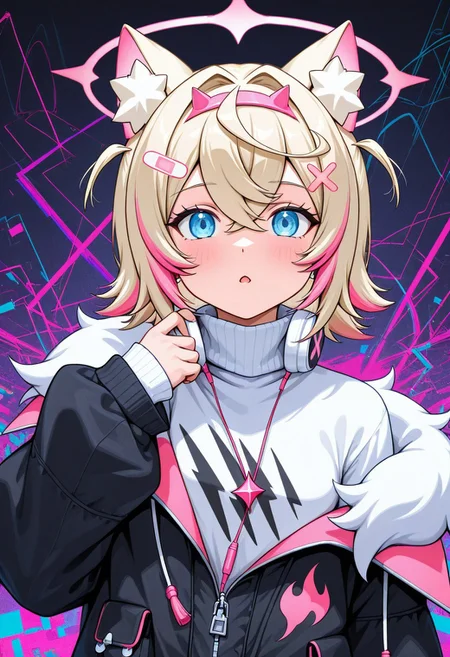 Jed-StickyN, d_up, 1girl, mococo abyssgard, blonde hair, pink hair, blue eyes, earphones, multicolored hair, medium hair, shirt, turtleneck, sweater, long sleeves, turtleneck sweater, jacket, glitch, upper body, abstract background, white shirt, halo