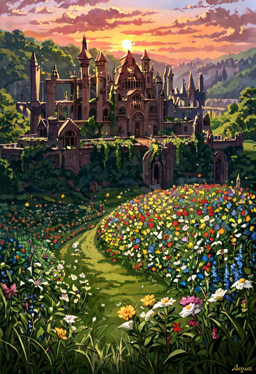 Pans Labyrinth style,,castles, labyrinth castles,lalangheej,  labyrinth, ((labyrinths)),labyrinth multicolor, grass,flower field,lalangheej, flores rainbow, flowers multicolor, rainbow ,outdoors,sunset,score_9,score_8_up