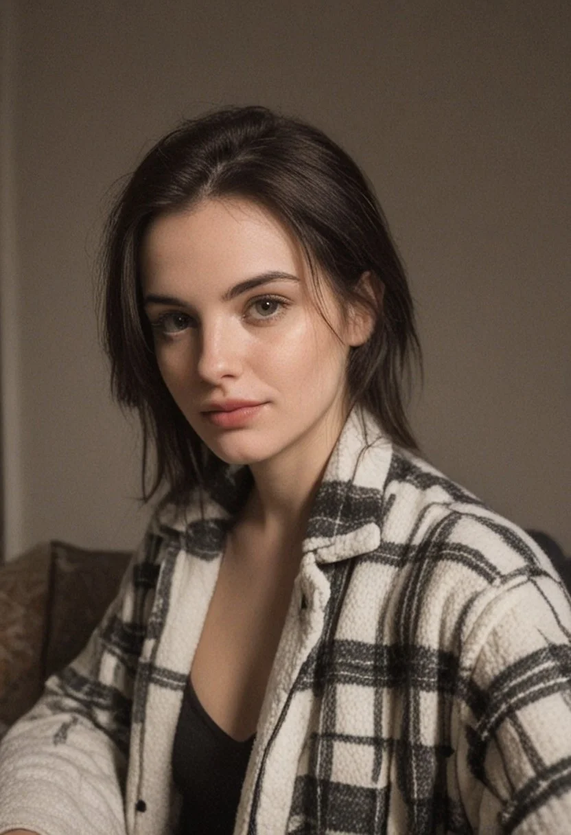 30yo woman wearing Plaid Polar Fleece Shacket with white textures
long black dark hair slick back and smooth. Kissface.
smile. Looking at camera. POV.
happy.
Living room. Fully furnished.
Night time.
Portrait.