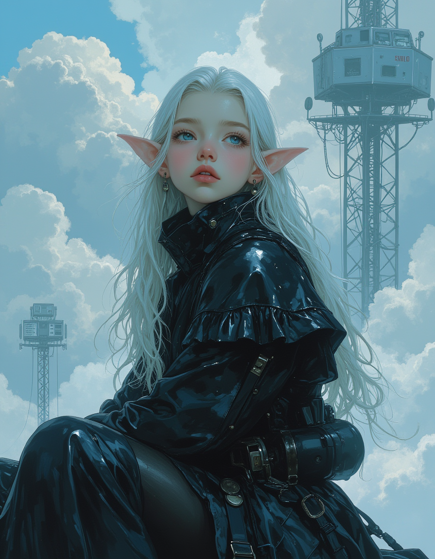 oil painting, a pale tween elf girl wearing futuristic black armor, sitting on the top of a very tall metal radio tower. She has delicate, angular features and luminous, almost ethereal white skin. Her large, almond-shaped eyes are a striking shade of silver-blue, framed by long lashes. She has small pointed elf ears. Her body is skinny, waist small, and petite. She has sleek, waist-length hair, silken and platinum white, cascading in gentle waves down her back. The tower is high above the clouds, with glowing lights shining up in the clouds bellow her. She sits gracefully on the metal tower looking up at the sky, her presence exuding an otherworldly charm. elaborate details, (2/3 rule composition:0.5), ultra detailed, romantic.
Masterpiece, intricate lines, intriguing atmosphere, sharp magnificent details, delicate features, elaborate details, (2\3 rule composition:0.5), ultra detailed, romantic, Rembrandt lighting, brush stroke, lovely, del1cate_balance style, in the style of Rembrandt. vantablack <lora:style_of_Rembrandt_FLUX_135:.8> <lora:- Flux1 - vanta_black_V2.0:.4> <lora:Delicate_Balance:.3> <lora:neeeg_f1:-1> <lora:Midjourney_Whisper_Minimal:.3> <lora:MoriiMee_Gothic_Niji_Style__FLUX_LoRA_Test_2:.5>