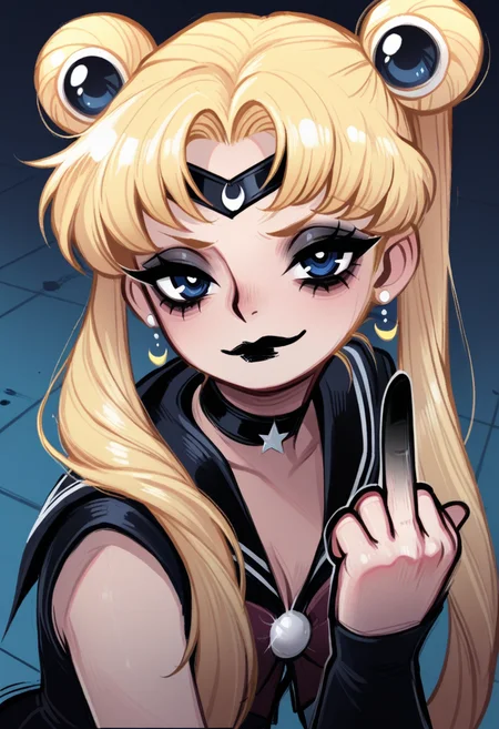 d0p4style, masterpiece, best quality, solo, sailor moon, blonde hair, blue eyes, mascara, smug, middle finger, goth, black lipstick,