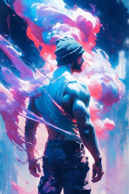art by Alex Maleev,
paint magic, full shot, manly burly young adult man, wearing casual cargo shorts, shirtless,
from behind,
chest hair, beanie,
abstract, surreal, extravagant, hyperrealistic, dramatic, dynamic,
intricate (smoke),
excessive (glow),
exaggerated (smoke),
best quality, detailed, colorful, bright, color scheme white, pink