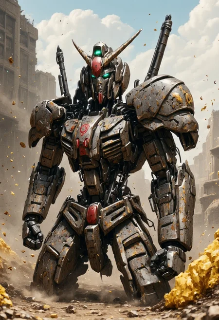 The gundam is a mobile suit mecha, it is heavily damaged and broken. It is from the anime Mobile Suit Gundam
The Gundam robot is rusted and broken, exposed wires and mechanic parts are sparking and on fire, one of the Gundams eyes glows red and the rest of its face is damaged. The gundam is missing an arm and kneels on a deserted battlefield. dust, debris and smoke surround the gundam. yellow flowers grow in the dirt