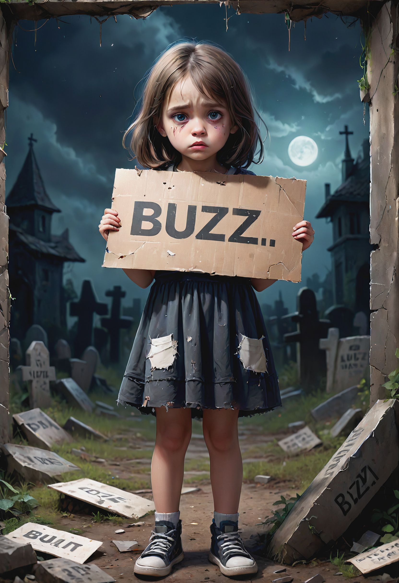 Very Detailed Digital Painting of close-up portrait of a sad little girl with torn clothes in a creepy alley late at night holding a cardboard sign with the text "BUZZ" on it, low-key lighting style, <lora:SDXLFaeTastic2400:0.6>,  <lora:Low-key lighting Style:1> Low-key lighting Style,  <lora:xl_more_art-full_v1:0.4>