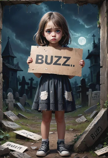 Very Detailed Digital Painting of close-up portrait of a sad little girl with torn clothes in a creepy alley late at night holding a cardboard sign with the text "BUZZ" on it, low-key lighting style, <lora:SDXLFaeTastic2400:0.6>, <lora:Low-key lighting Style:1> Low-key lighting Style, <lora:xl_more_art-full_v1:0.4>