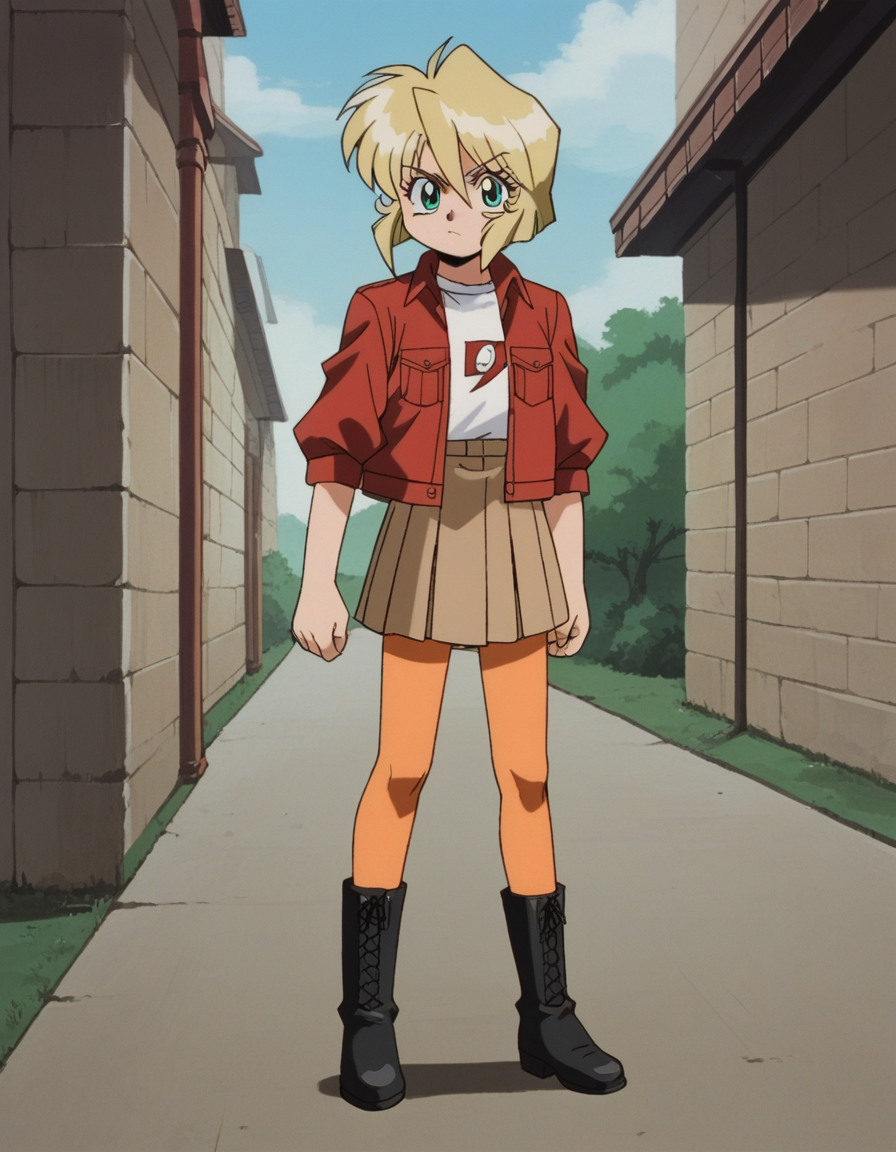 zPDXL, score_9, score_8_up, score_7_up, source_anime, 8k, absurdres, 1990s \(style\), retro artstyle, anime coloring, 
1girl, solo, <lora:Gunsmith_v3-20:1> gnsmth, minniemay, blonde hair, green eyes, short hair, white shirt, red jacket, sleeves rolled up, brown skirt, orange pantyhose, black boots, looking at viewer, petite, small breasts,