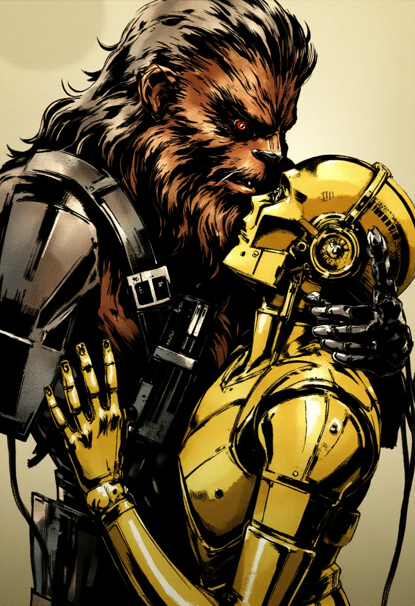 <lora:Yoji_Shinkawa_Style_FLUX-000012:0.8>
This image is a stylized digital illustration with a gritty yshinkawa cyberpunk anime aesthetic, showcasing Chewbacca making out with C3PO