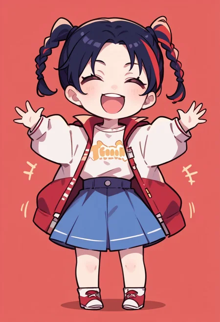 score_9, score_8_up, score_7_up, expressiveh, masterpiece, best quality, chibi, fca_style, girl standing, motion lines,
1girl, yaolingp5x, multicolored hair, black hair, red hair, brown eyes, twin braids, red jacket, white shirt, blue skirt, waving arms, outstretched arms, closed eyes, open mouth, happy, screaming,
Facing viewer, red background, full body, cowboy shot,simple background, source_anime, cute, chibi, kawaii, 2d color, simple color, simple shading, flat color, chibi body, chibi art style:1.1, fca_style, super deformer,