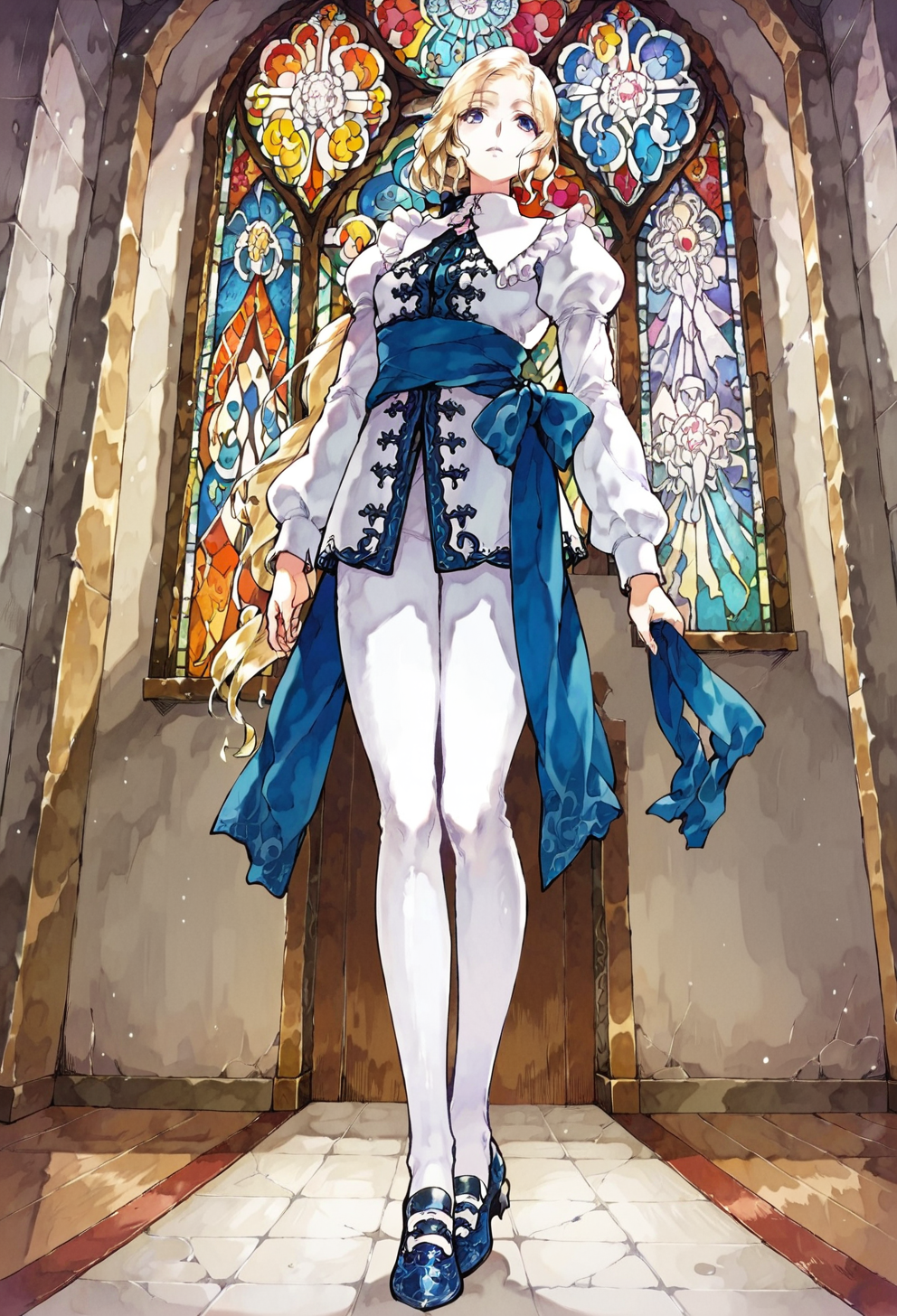 score_9, score_8_up, score_7_up, score_6_up, source anime,
1girl, castlevania_ayami_kojima_xl, castlevania, maria renard, blonde hair, blue eyes, long hair, low-tied long hair, low ponytail, long sleeves, detailed illustration, puffy long sleeves, white puffy sleeves, white jacket, blue sash, ribbon, shoes, tiptoes, french attire, solo, white pantyhose, inside a church, stained glass, cathedral, [pearl:opal:0.5], standing, full body, from below
<lora:ayami_kojima_castlevania_pony:1>