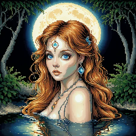 <lora:Pixel_Art_Styles:1> ArsMJStyle, Pixel Art, manyP, The image shows a woman in the water with a full moon in the background surrounded by trees and a clear blue sky. The woman is depicted in a cross stitch pattern with intricate details and vibrant colors that make it stand out against the dark background., 1girl, solo, water, moon, jewelry, necklace, long hair, blue eyes, night, looking at viewer, orange hair, full moon, outdoors, partially submerged