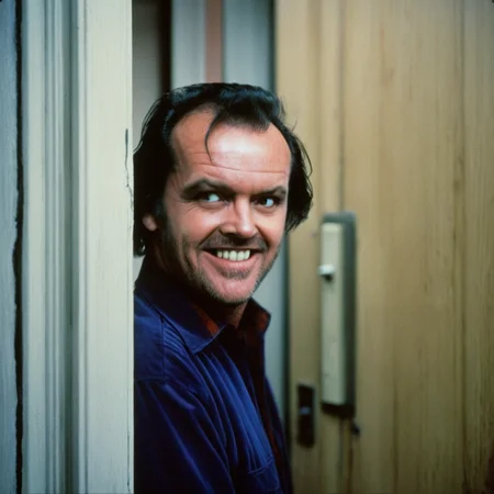 UHD, 4k, ultra detailed, cinematic, a photograph of <lora:perfection style:0.5> <lora:detailed:0.5> perfection detailed
<lora:The Shining film style:0.9>
<lora:1980's style:0.4>
Jack Torrance In the 1980's in the Colorado Rocky Mountains a crazy man is smiling and peeking out of a door,solo,smile,open mouth,shirt,black hair,1boy,male focus,teeth,collared shirt,facial hair,portrait,realistic,mustache,stubble , cinematic, film, kodak, The Shining film style, here's johnny style, epic, beautiful lighting, inpsiring