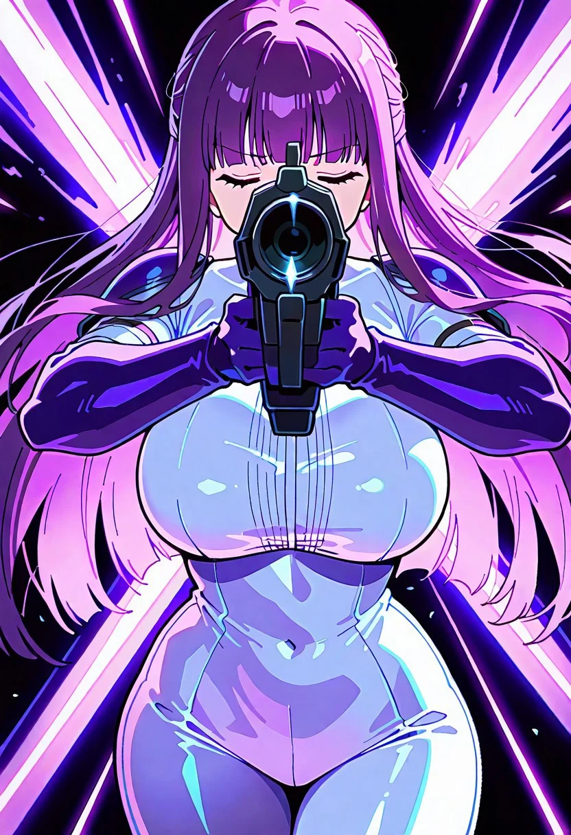 1girl,solo,Fern \(sousou no frieren)\,purple long hair,large breast ,
White bodysuit,skin tight,latex,purple armour,mecharmour,shooting,laser beams,light effect, holding cyber rifle aiming ,open fire,facing viewer,
,masterpiece, best quality, very aesthetic, absurdres,newest,