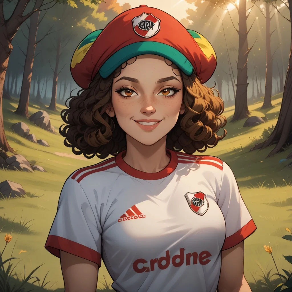 score_9, score_8, BREAK, solo, multicolored jamaican headwear, brown hair, curly hair, freckles, lips, RiverPlate, striped shirt, striped, shirt, white shirt, short sleeves, clothes writing, sportswear, soccer uniform, Total Drama, Laurie_(\Total_Drama\), breasts, sexy pose, self portrait, smile, looking at viewer, outdoors, sunlight, shadows, evening lighting, natural lighting, forest, trees, grass, orange sky, sunset