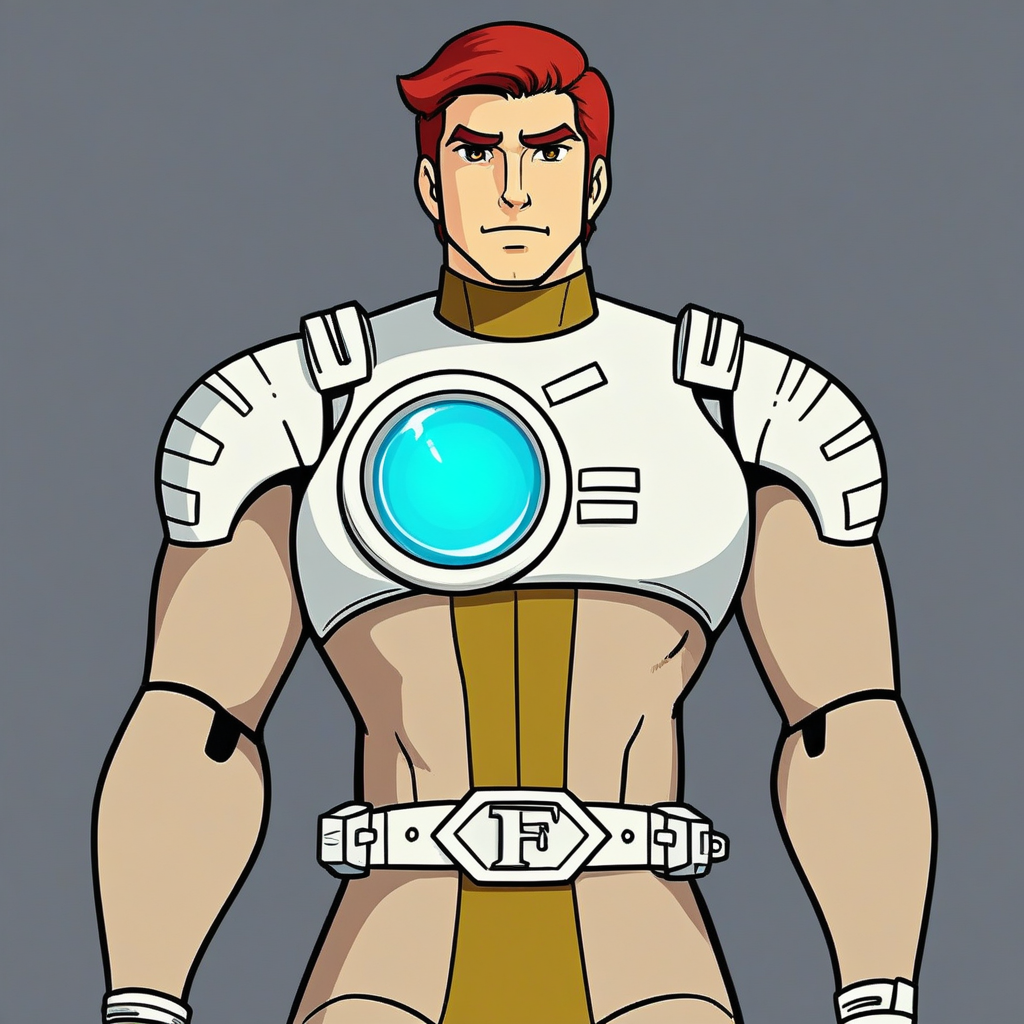captainfuture, captfuture, cptfut,"A full-body front view of a highly fit male futuristic space adventurer with a muscular physique, wearing a sleek, skin-tight bodysuit in beige (#ceb69a) with gold (#a0872b) and white armor elements. The suit is made of high-tech synthetic fabric with a matte finish, tightly hugging the body and revealing well-defined muscles. The character has short, neatly styled red hair and thick red eyebrows, with sharp brown eyes. The chest armor features a glowing blue circular element encased in glass, resembling an energy source. White shoulder pads, chest and back armor, wrist guards, and a belt with a bold letter 'F' on the buckle enhance the futuristic look. A gold stripe runs down the center of the suit from the collar to the groin, with matching gold rings around the elbows, knees, and ankles. The hands and feet are seamlessly covered in the same bodysuit material, appearing as gloves and sleek futuristic boots in the primary beige color. Additional white armor elements are attached to the outer sides of both thighs. The background is a soft, neutral gray."