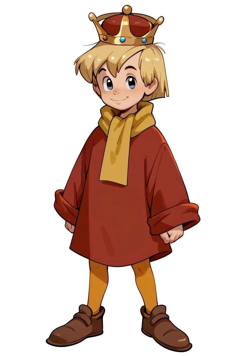 CuteCartoonStyle, score_9, score_8_up, score_7_up, best quality, male, young , 1boy, Arthur, Blonde Hair, Black Eyes, Brown Tunic, Tan Leggings, Brown Shoes, Red Robe, Yellow Scarf, Tan Leggings, Brown Shoes, Crown, White Fur Lined Red Cloak, CuteCartoonStyle