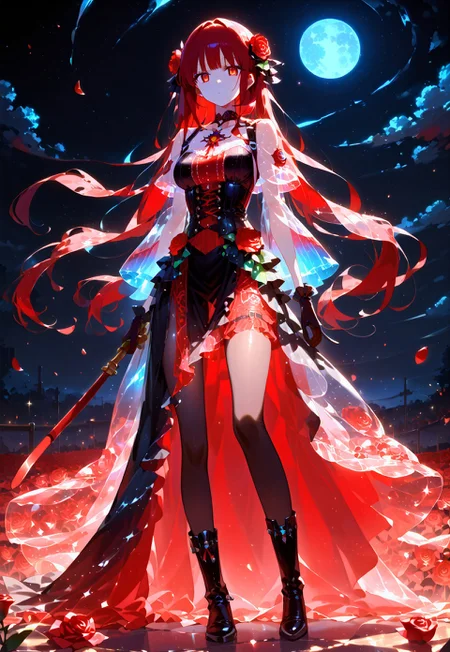 safe_pos, A beautiful woman wearing a black dress made mostly of sheer see-though cloth stands in a field of roses, 1girl, solo, pale skin, absurdly long red hair, hime cut, spread hair, voluminous hair, beautiful detailed eyes, red eyes, medium breasts, (gothic dress, sheer cloth, black), fashion, bioluminescent dress, underbust corset, long black opaque gloves, short black ruffled skirt, flared skirt, dress train, black choker (rose decoration), pantyhose, black thighboots, belts, looking at viewer, standing, expressionless, looking away, closed mouth, from front, full body shot, red theme, dark theme, scenery, detailed background, outside, night, moon, stars, flower field, roses, red roses, dappled moonlight, score_9, score_8_up, score_7_up, source_anime, masterpiece, best quality, very aesthetic, absurdres