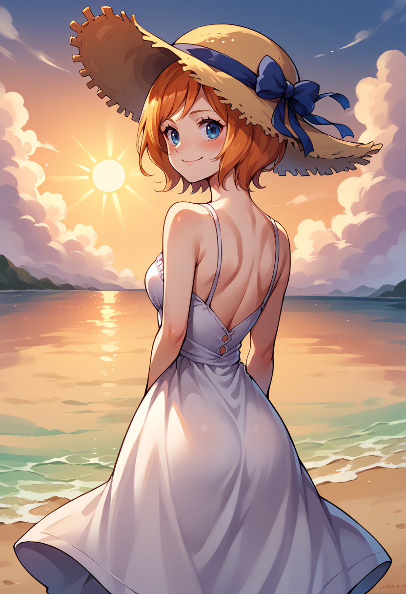 score_9, score_8_up,score_7_up, source_anime, 1girl, solo, <lora:EPopKoala:1.0>, EPopKoala, short hair, orange hair, swept bangs, blue eyes, smile, from behind, white dress, looking back, blush, arms behind back, bare shoulders, female focus, looking at viewer, straw hat, back, dress, sundress, outdoors, sun hat, sky, sunset, ocean, reflective water, hat ribbon