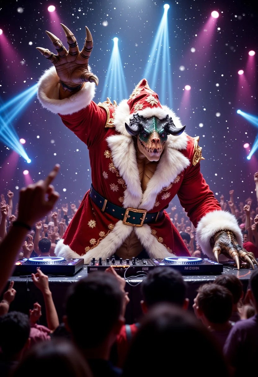 In a pulsating nightclub radiating festive energy, a towering Deathclaw takes center stage behind a high-tech DJ booth, creating an unforgettable spectacle. Its entire torso and arms are covered by a long, tailored Santa-inspired coat of luxurious red velvet, trimmed with fluffy white fur and adorned with intricate golden embroidery of snowflakes and holly. A wide, green sash around its waist adds a festive touch while ensuring a fully polished and family-friendly appearance.
The Deathclaw’s massive horns frame a jaunty Santa hat, perched atop its fierce head, completing the festive look. One clawed hand is raised high in the air, rallying the crowd with primal energy, while the other expertly manipulates glowing, futuristic turntables that pulse with vibrant LED lights in sync with the thunderous music. In the foreground, blurred, raised fists of excited clubgoers capture the atmosphere of the enthralled crowd, their movements a haze of motion and light. Behind the Deathclaw, dazzling lasers, pyrotechnics, and falling snow effects fill the air, creating a surreal holiday rave led by the ultimate DJ of the season