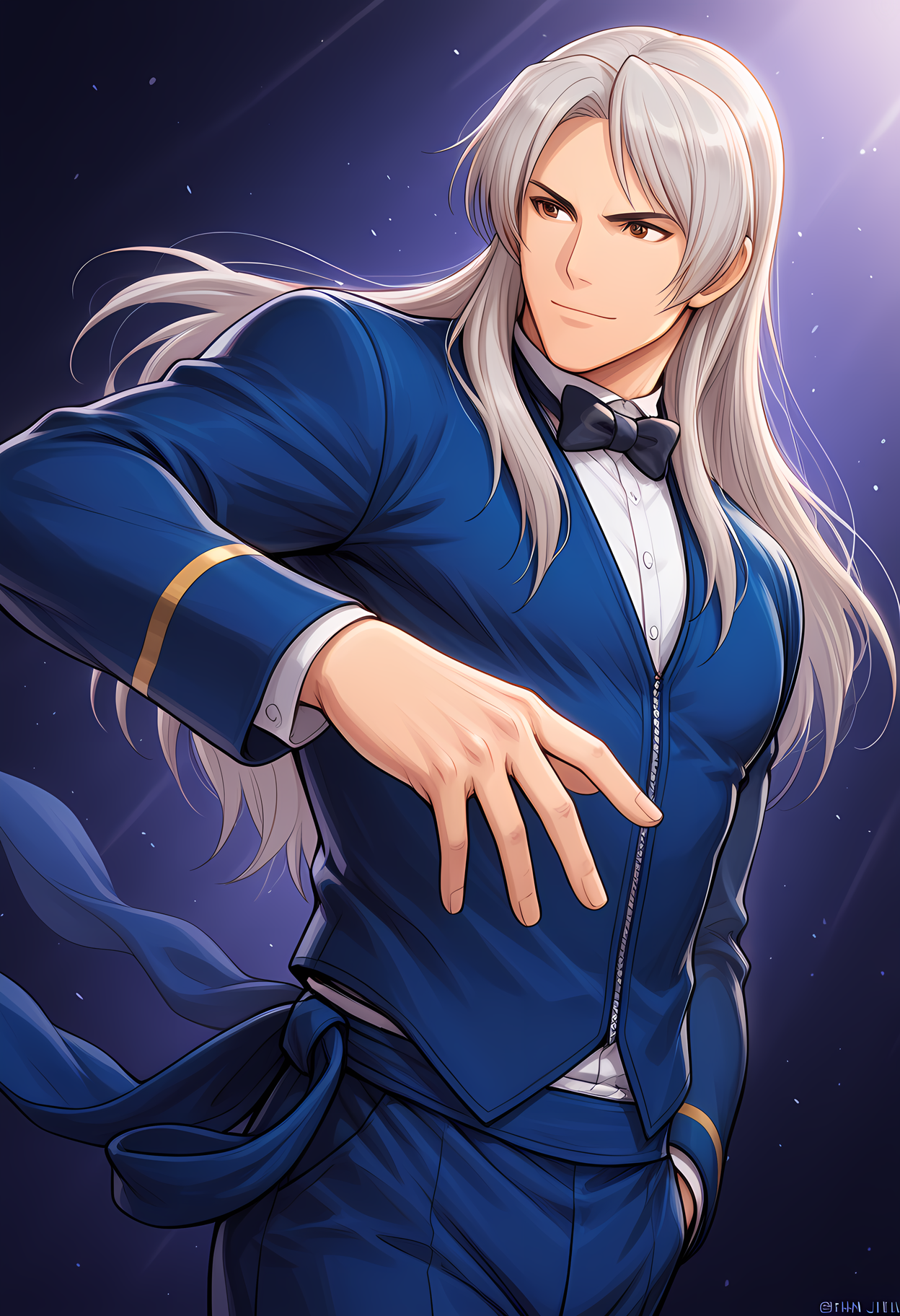 masterpiece, best quality, amazing quality, dutch angle, abstract background, BREAK
1boy, solo, male focus, kof_jhun, long hair, grey hair, brown eyes, blue tuxedo, black bow tie, formal, BREAK
<lora:cfg_scale_boost:.6>   <lora:Jhun_Hoon_-_The_King_of_Fighters_-_ILXL:1>