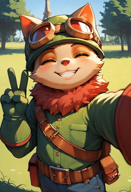 1boy, solo, teemo, animal ears, fur, ^ ^, goggles on head, hat, gloves, selfie, v, belt, pants, eiffel tower, lawn, tree, upper body, masterpiece, best quality, very aesthetic