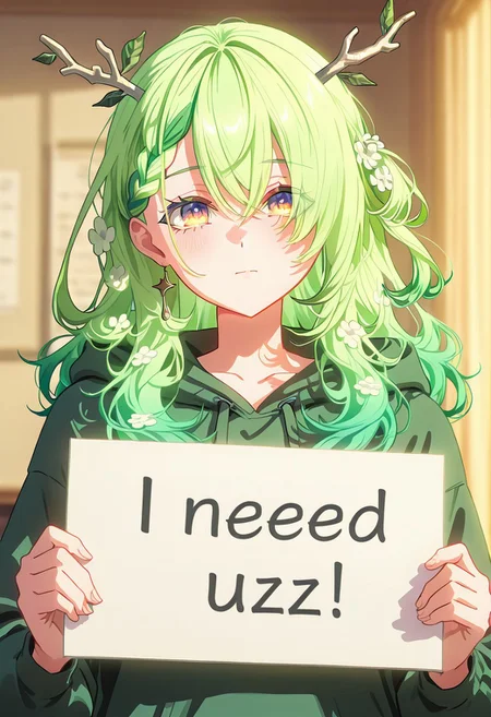 score_9, score_8_up, score_7_up, score_6_up,Enchanting Eyes, LDSCH Style, aesthetic, absurdres, beautiful, highres, detailed eyes,
Solo, 1girl,hololive Ceres Fauna,((long hair)), yellow eyes,  green hair, need_buzz, holding sign,