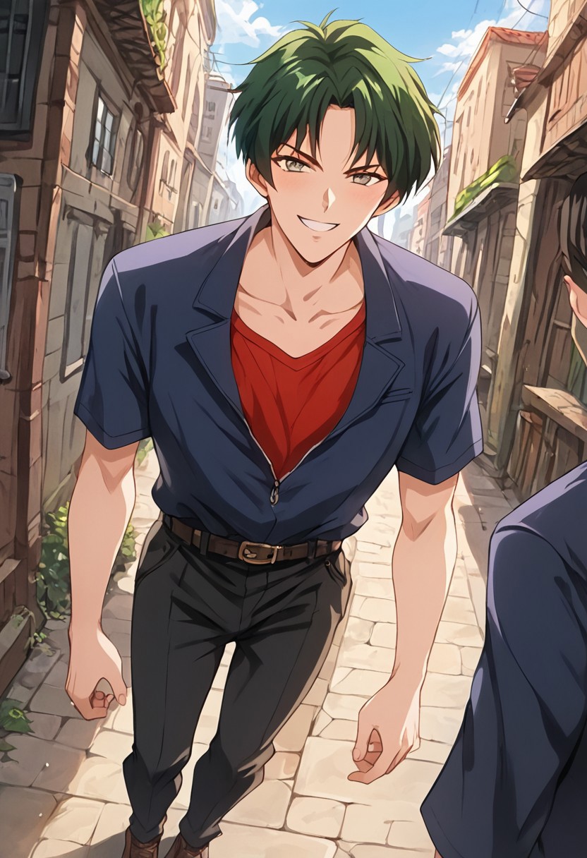 1990s (style), source_anime, official style, PonyXLV6_Scores, masterpiece, ultra detailed, best quality, beautiful face, perfect anatomy, anatomically correct, detailed eyes, <lora:xl_more_art-full_v1:0.7>, <lora:Detailed_anime_style:0.4>, <lora:LCM&TurboMix:1.0>, <lora:Expressiveh:0.5>, Expressiveh, 5 fingers, perfect hands, perfect feet, BREAK (<lora:CD11_kenzaki-10:1>, Kenzaki_CD11, 1boy, dark green hair, short hair, grey eyes, red tshirt, (blue jacket, short sleeves), black trousers, belt, brown shoes,), BREAK walking, looking at viewer, evil grin, cowboy shot, BREAK (street, alley, lamppost, city, outdoors,),
