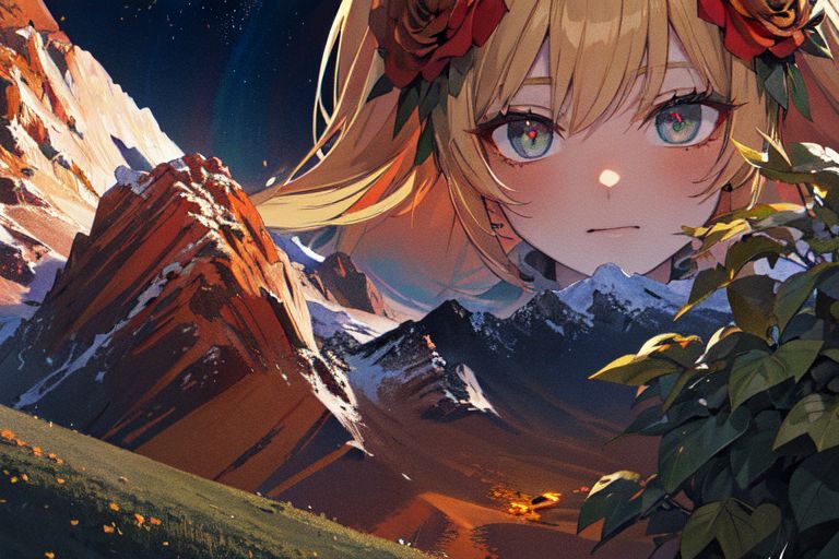 (masterpiece:1.4), 4K8K, (anime style), (high shutterspeed:1.4), (sharp edges), 
plants niji style,
flower rose, 1 woman prey with hands togather, neeling, leaning foward, 
wearing Celtic style dress, (Detailed face, Detailed eyes), 
(amber colored:1.4), in the Alps at night,