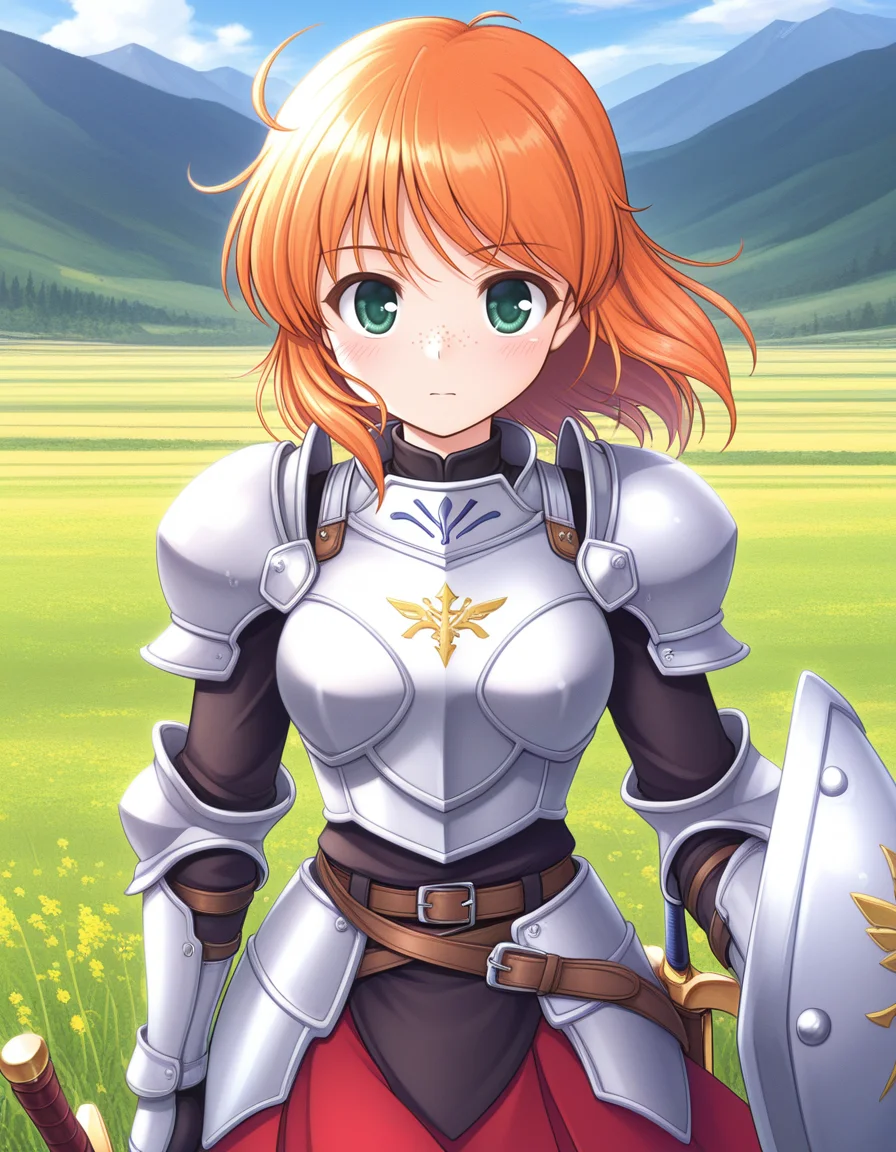 (b3kk4nk0u), <lora:1_illu_bekkankou_10e:1>, 1girl, armor, sword and shield, skirt, freckles, orange hair, medium hair, green eyes, field, mountains, (masterpiece, best quality, amazing quality),