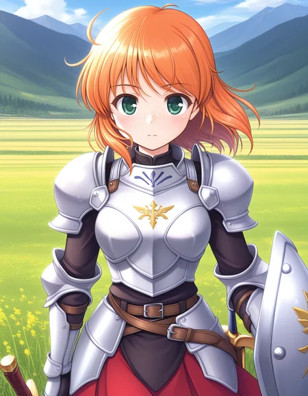 (b3kk4nk0u), <lora:1_illu_bekkankou_10e:1>, 1girl, armor, sword and shield, skirt, freckles, orange hair, medium hair, green eyes, field, mountains, (masterpiece, best quality, amazing quality),