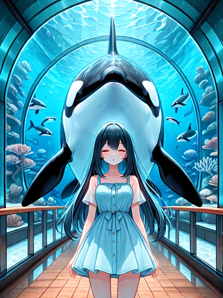 absurdres, explicit, aquarium tunnel, aquarium, orca, gigantic animal, underwater, arms at sides, 1girl, short dress, window, reflection, wooden floor, upper body, facing viewer, symmetry, pov, <lora:girllikedolphinunderwater_ilxl:1>