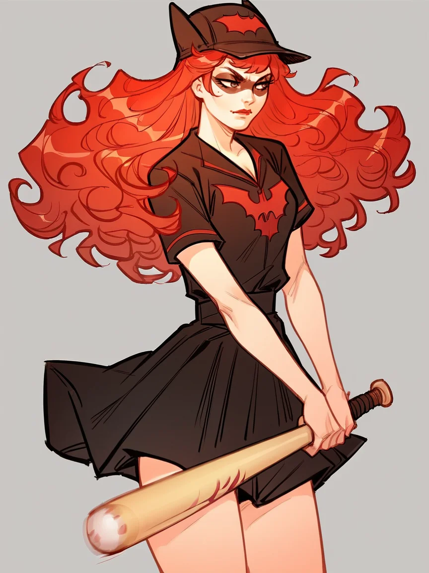 score_9, score_8_up, score_7_up, score_6_up, score_5_up, <lora:B4twomanXLP:1> b4twoman, 1girl, solo, red hair, long hair, hat, baseball bat, skirt, black shirt