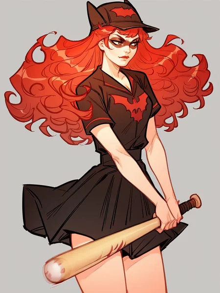 score_9, score_8_up, score_7_up, score_6_up, score_5_up, <lora:B4twomanXLP:1> b4twoman, 1girl, solo, red hair, long hair, hat, baseball bat, skirt, black shirt